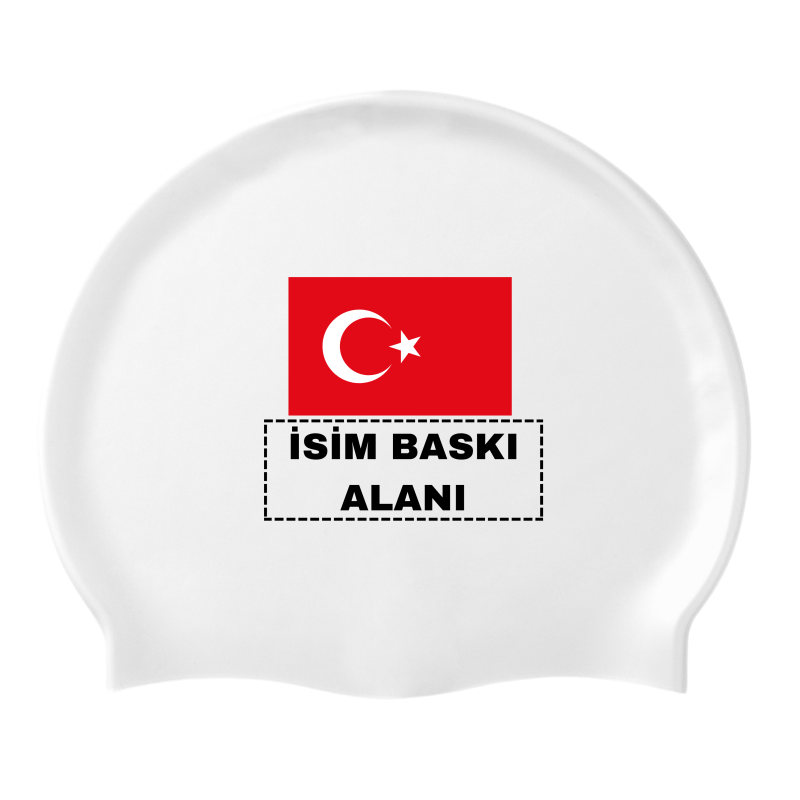 İKAVİ Türk Bayrağı "Özel İsim Baskılı" Silikon Deniz ve Havuz Bonesi - Beyaz