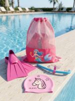 İKAVİ Pembe File Çantalı Yüzme Seti 4'lü – 50x65 cm File Çanta, Silikon Bone, Önden Takmalı Şnorkel ve Pembe Ayak Paleti
