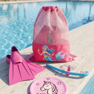 İKAVİ Pembe File Çantalı Yüzme Seti 4'lü – 50x65 cm File Çanta, Silikon Bone, Önden Takmalı Şnorkel ve Pembe Ayak Paleti